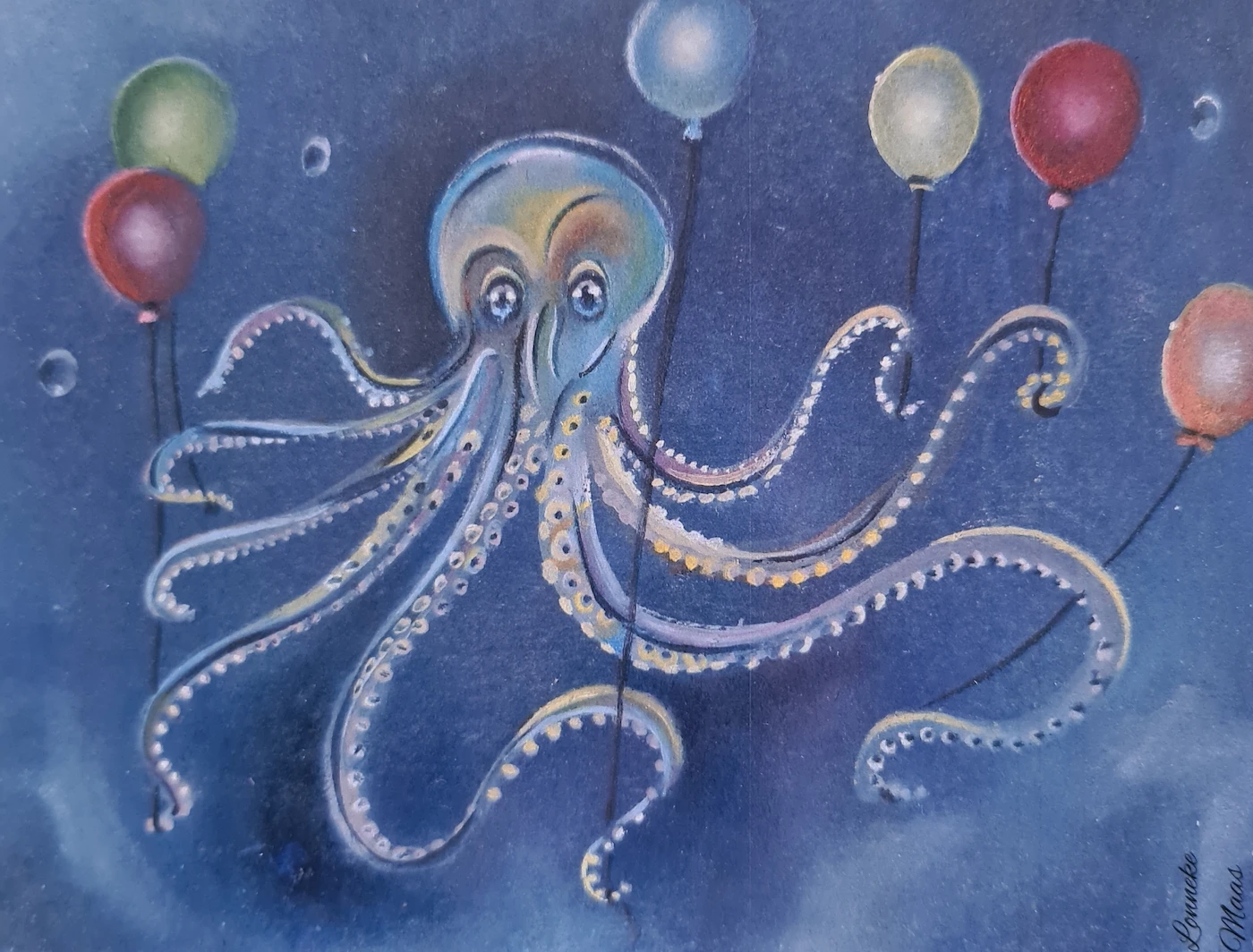 Felicitatiekaart met inktvis met ballonnen