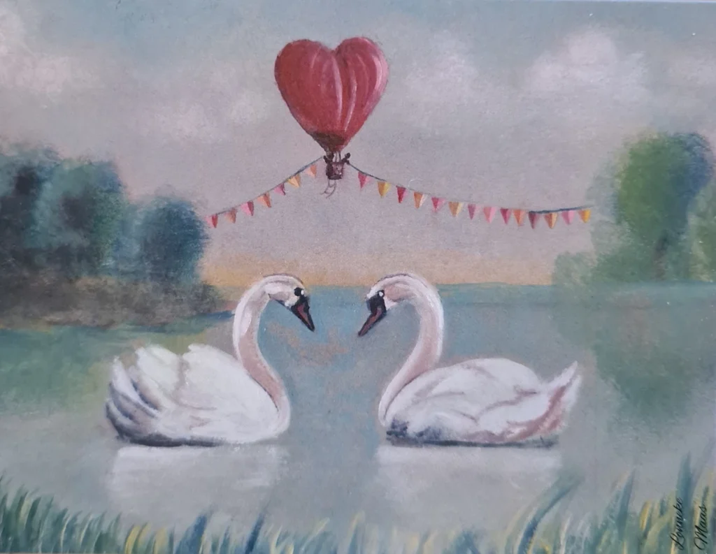 Felicitatiekaart met zwanen en een luchtballon op de achtergrond in vorm van een hart.