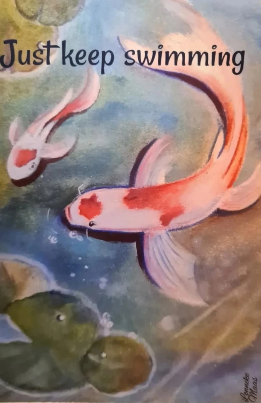 Van alles wat kaart met koi karpers en tekst "Just keep swimming"