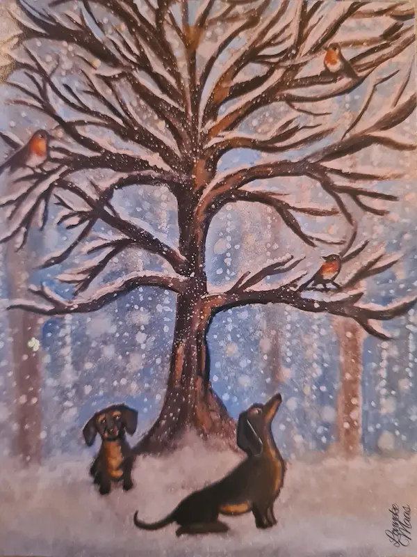 Wenskaart met illustratie van Teckels onder een boom met sneeuw.